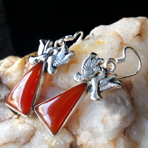 Unique Jewelry Jewelry - Silver Birds Earrings Genuine Carnelian Stone